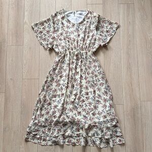 Kyra Floral Chiffon Midi Dress with Ruffle Hem in Cream Women’s Size 12